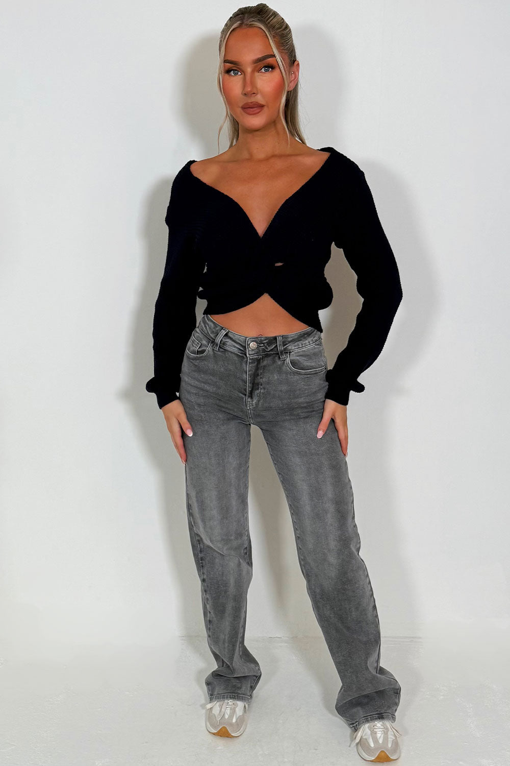 long sleeve knitted jumper with twist front womens winter top casual outfit