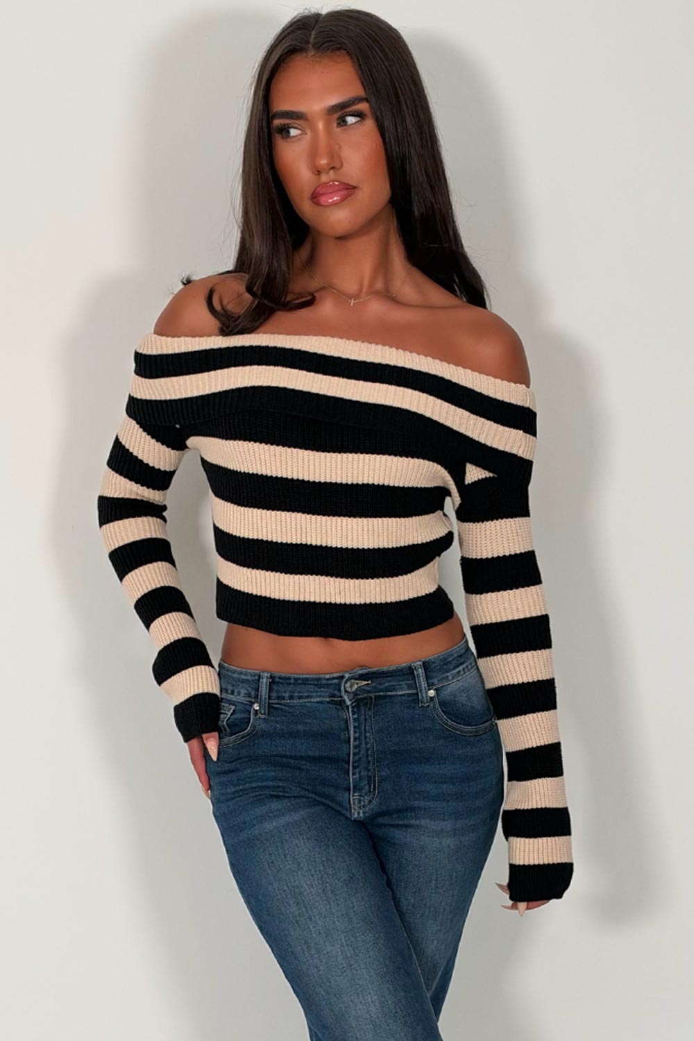 knitted off shoulder crop jumper styledup uk