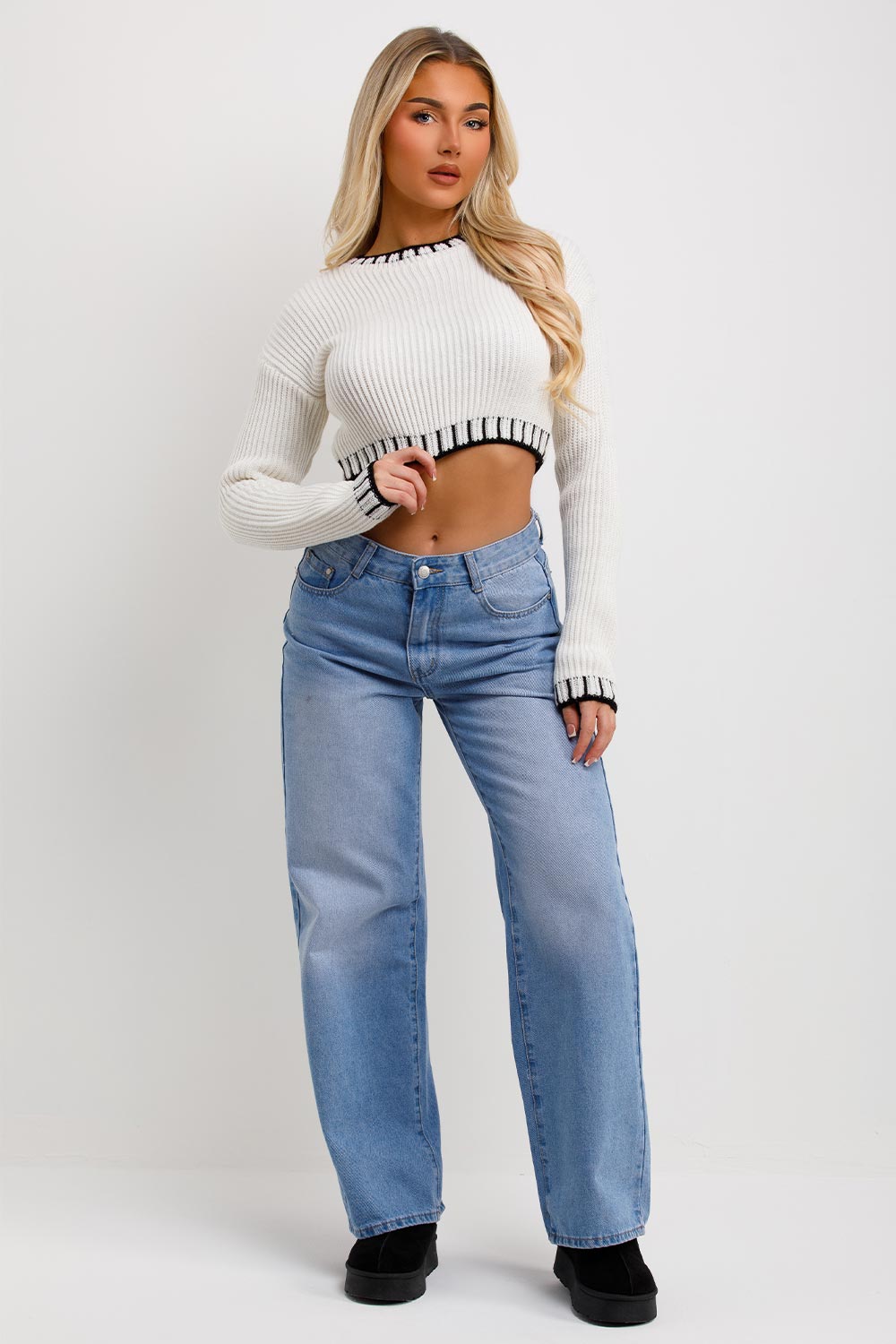 womens crop knitted jumper with blanket stitches detail white