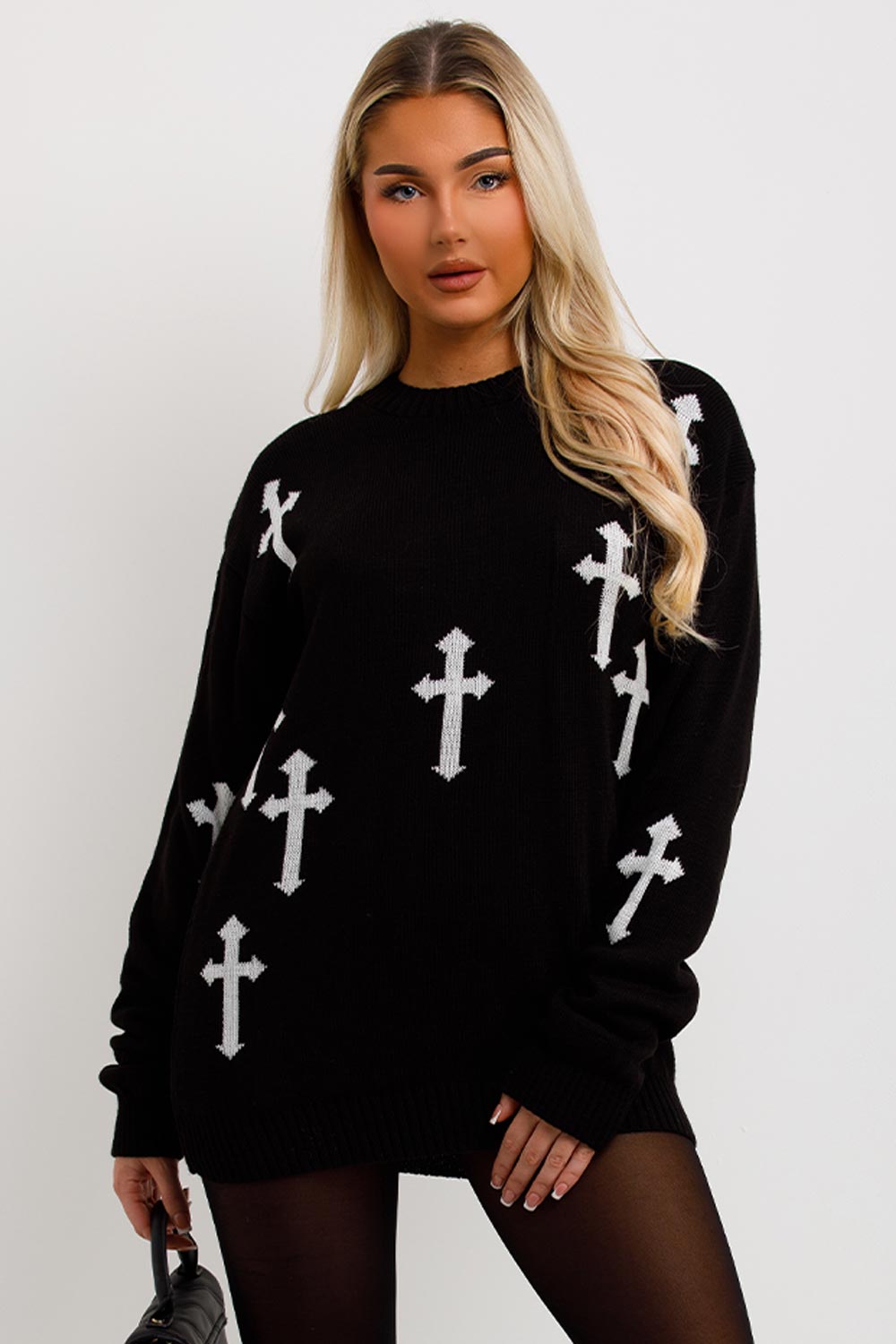 womens long sleeve knitted jumper dress with crosses
