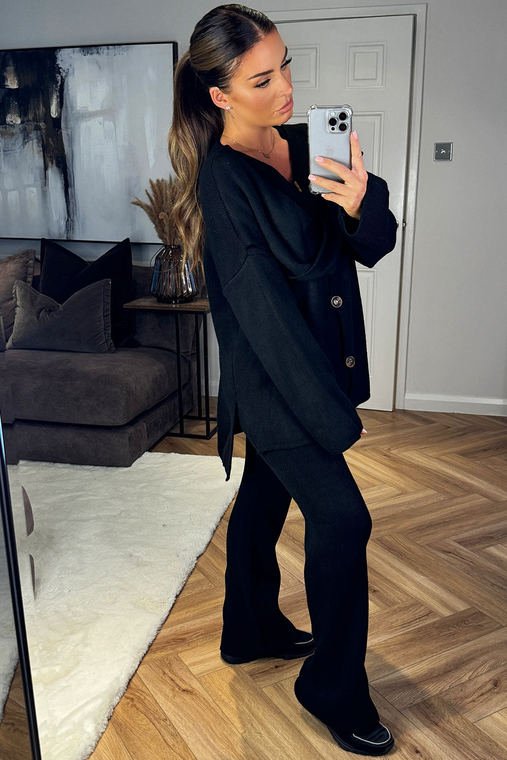 knitted cardigan with scarf and trousers two piece set black