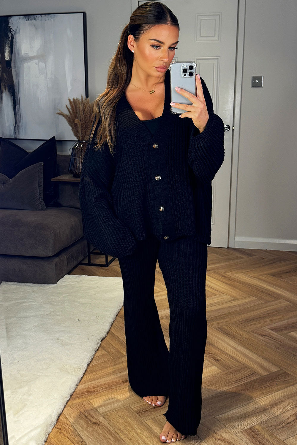 knitted trousers and oversized button front cardigan two piece loungewear set womens knitwear styledup