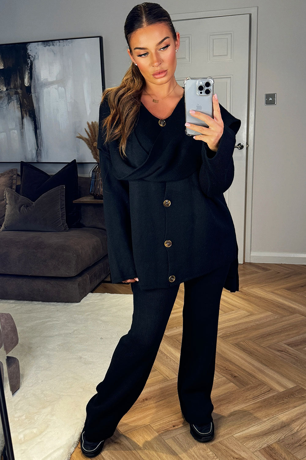 knitted co ord set with scarf black styledup