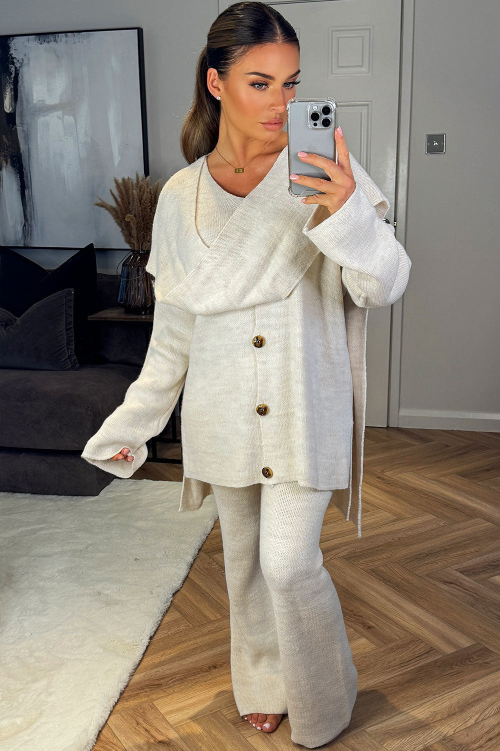 knitted cardigan with scarf and trousers two piece set beige