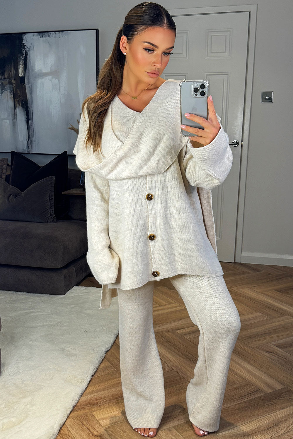 knitted oversized cardigan with scarf and wide leg trousers two piece set womens knitwear lounge set styledup