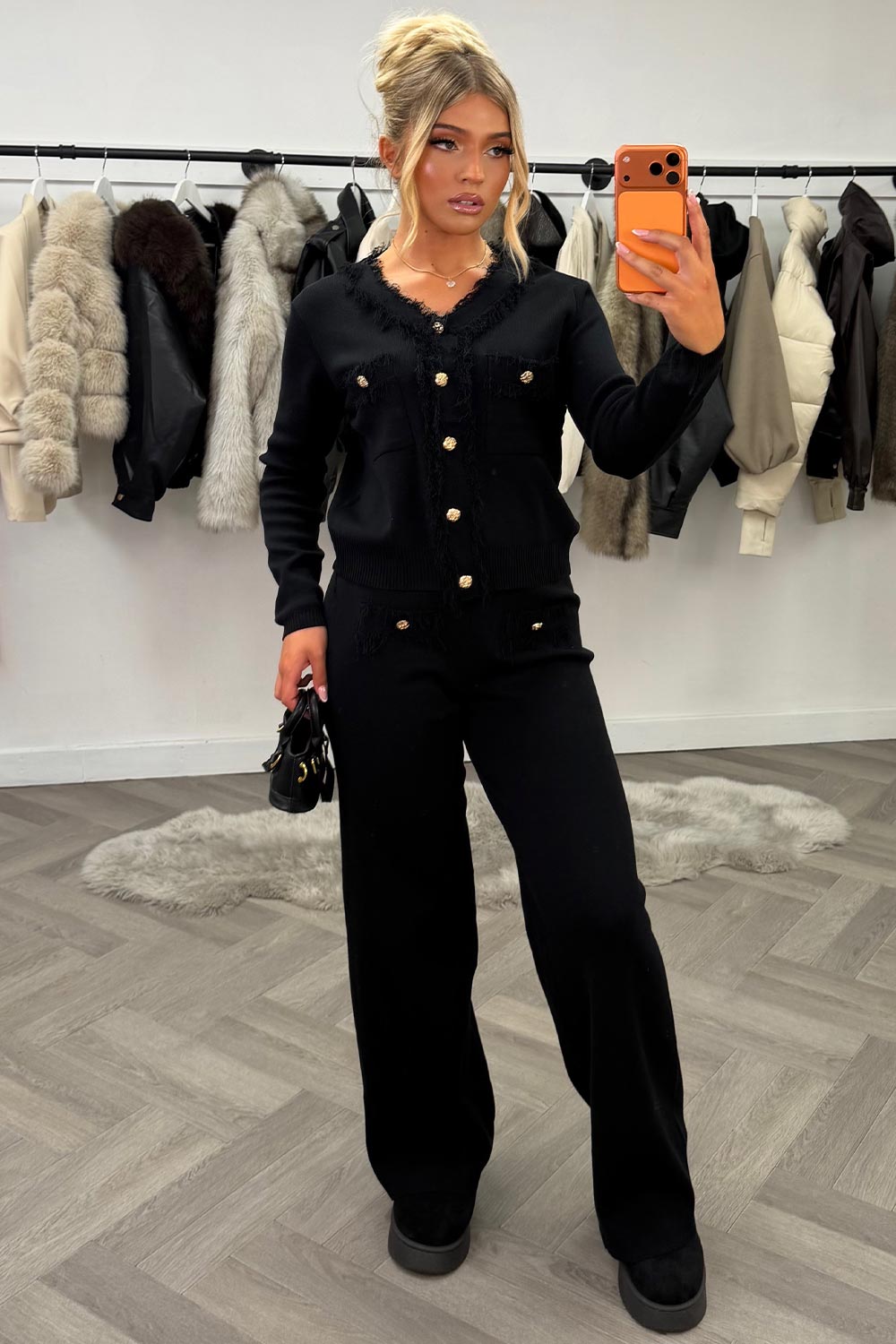 knitted jumper with gold buttons and trousers two piece set styledup uk