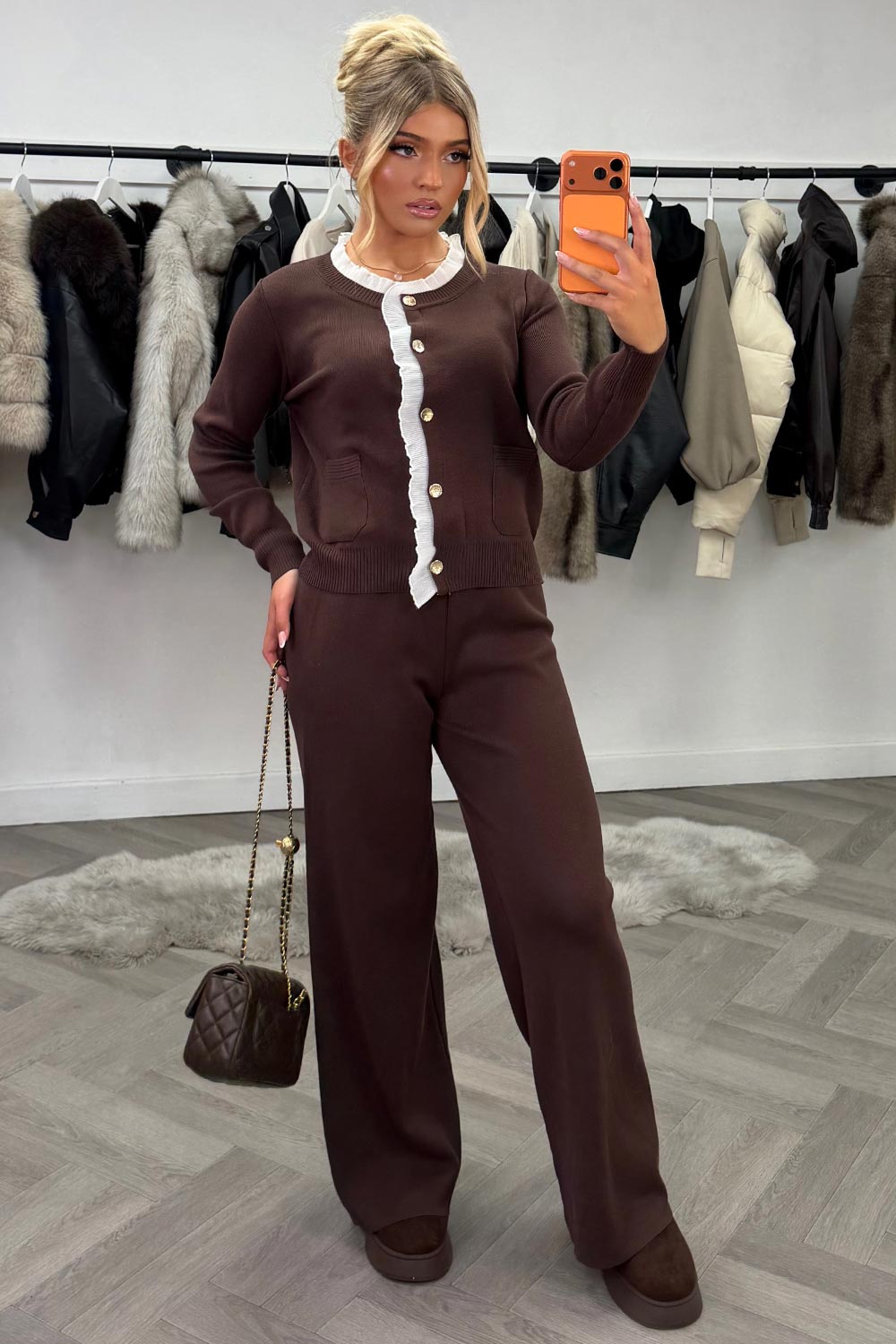 gold button knitted jumper and trousers two piece set womens night out christmas party outfit uk