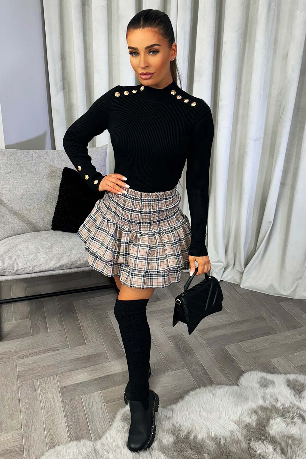 womens ribbed knitted jumper with gold buttons christmas going out new year outfit