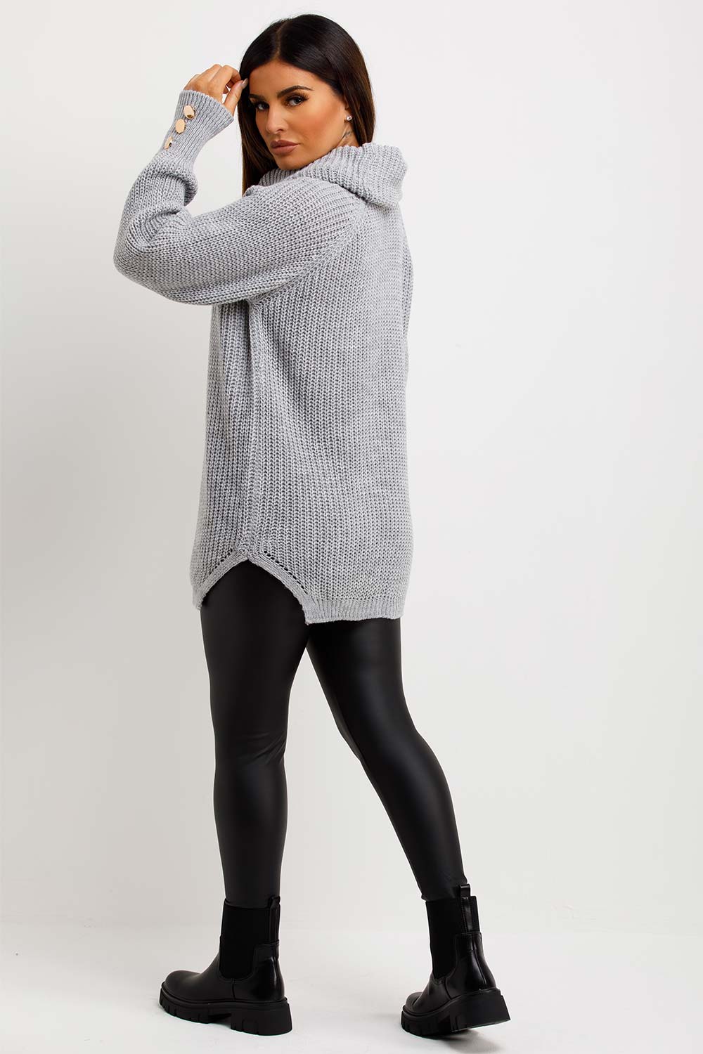 womens roll neck knitted jumper with gold buttons