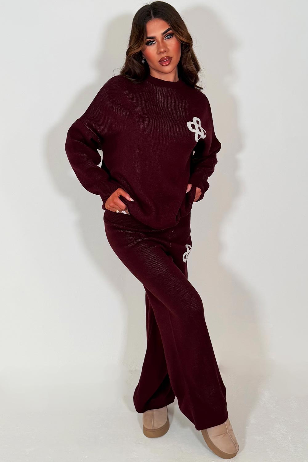 burgundy knitted lounge set couture club womens uk