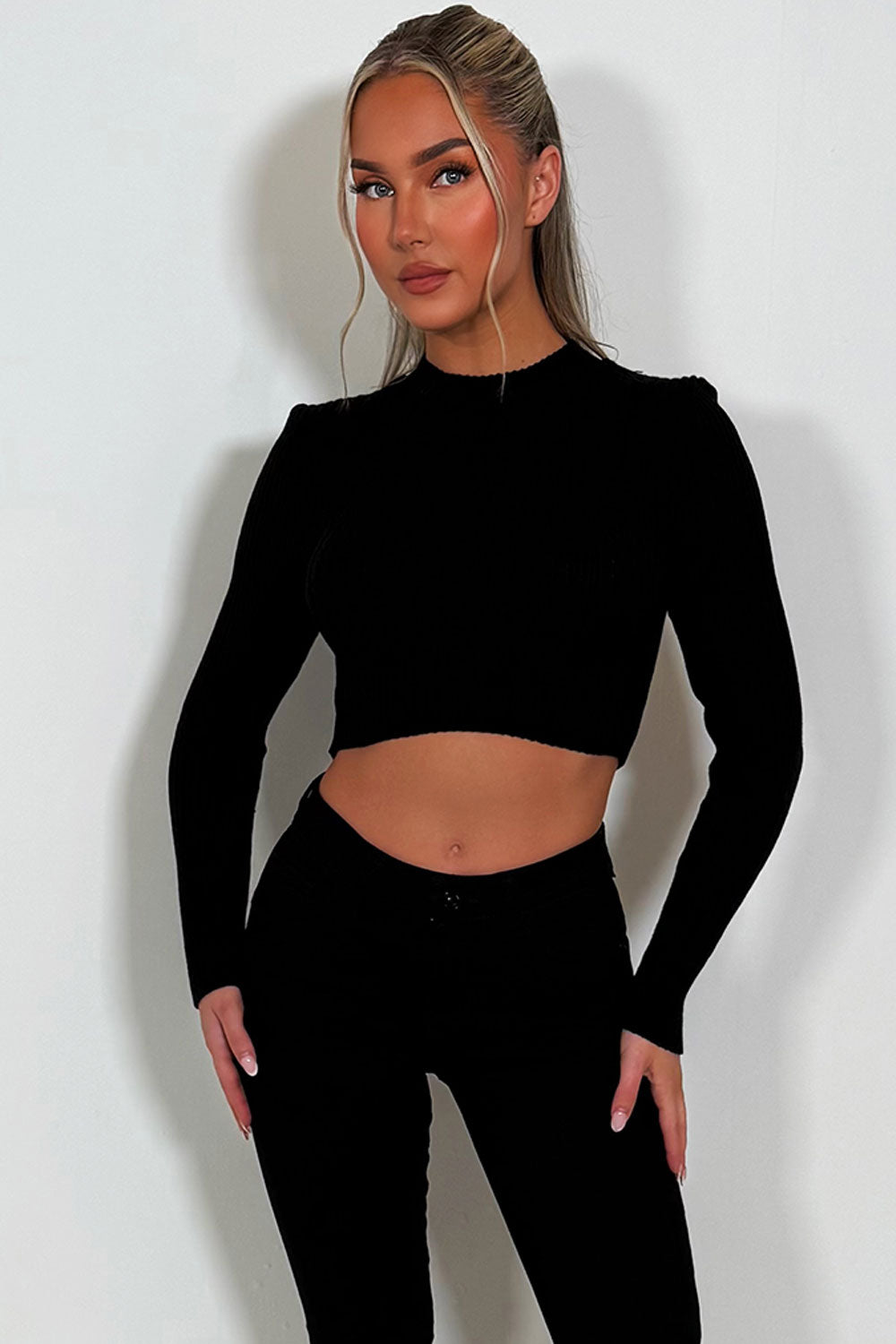 long sleeve round neck knitted crop jumper top for womens winter outfit styledup