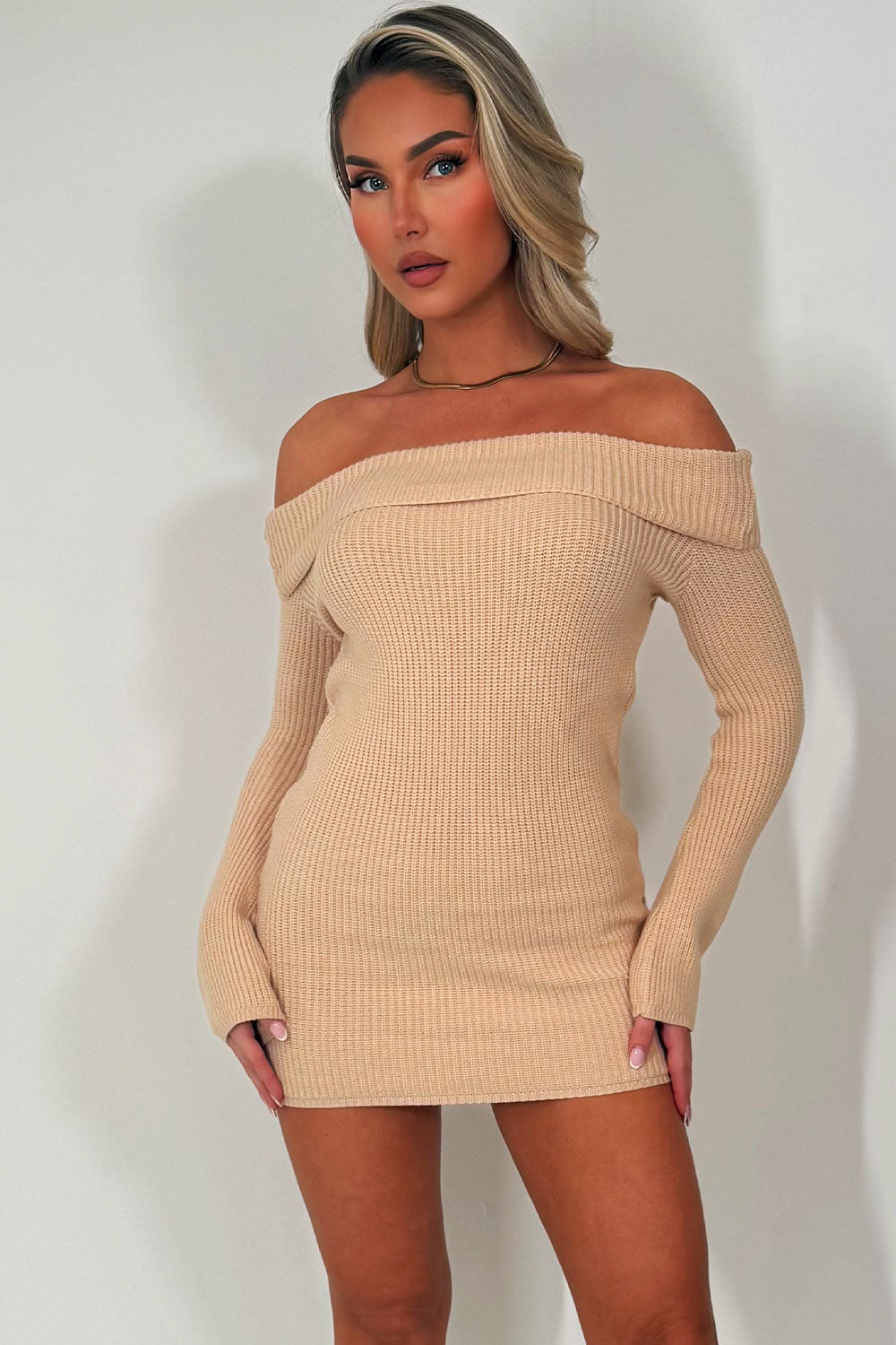 long sleeve knitted jumper dress with off shoulder neckline styledup