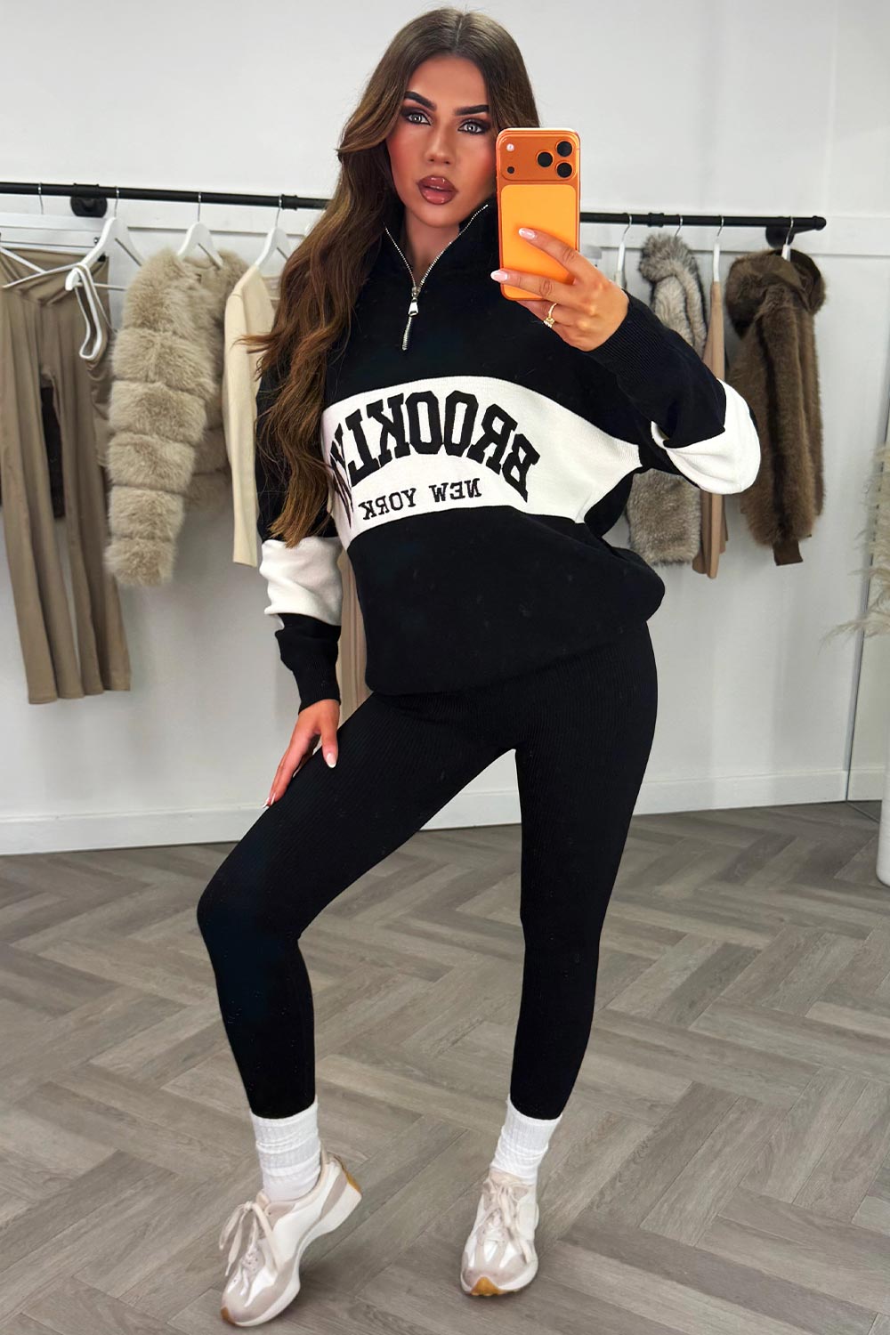 brooklyn slogan half zip knitted jumper black