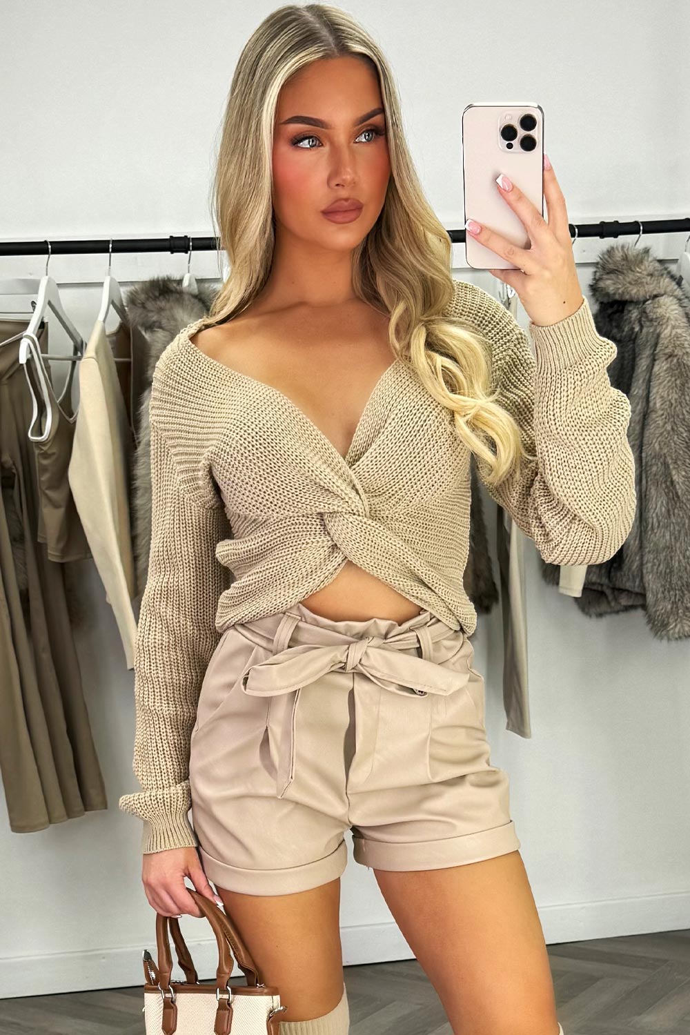 long sleeve twist front knitted jumper cropped styledup womens