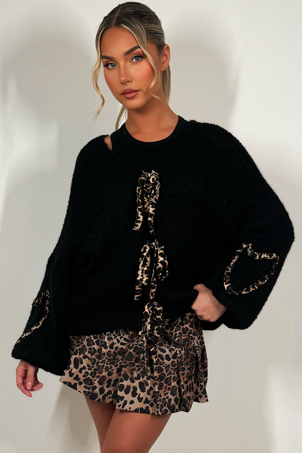 leopard print tie front chunky knit cardigan womens knitwear