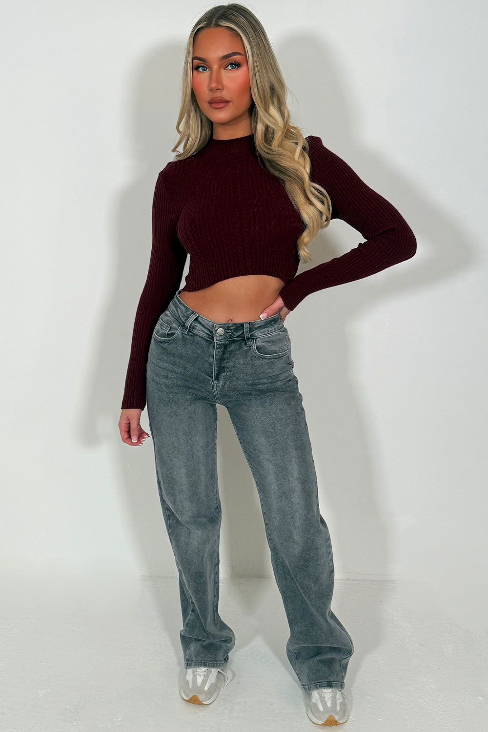crop jumper with long sleeves womens knitwear styledup