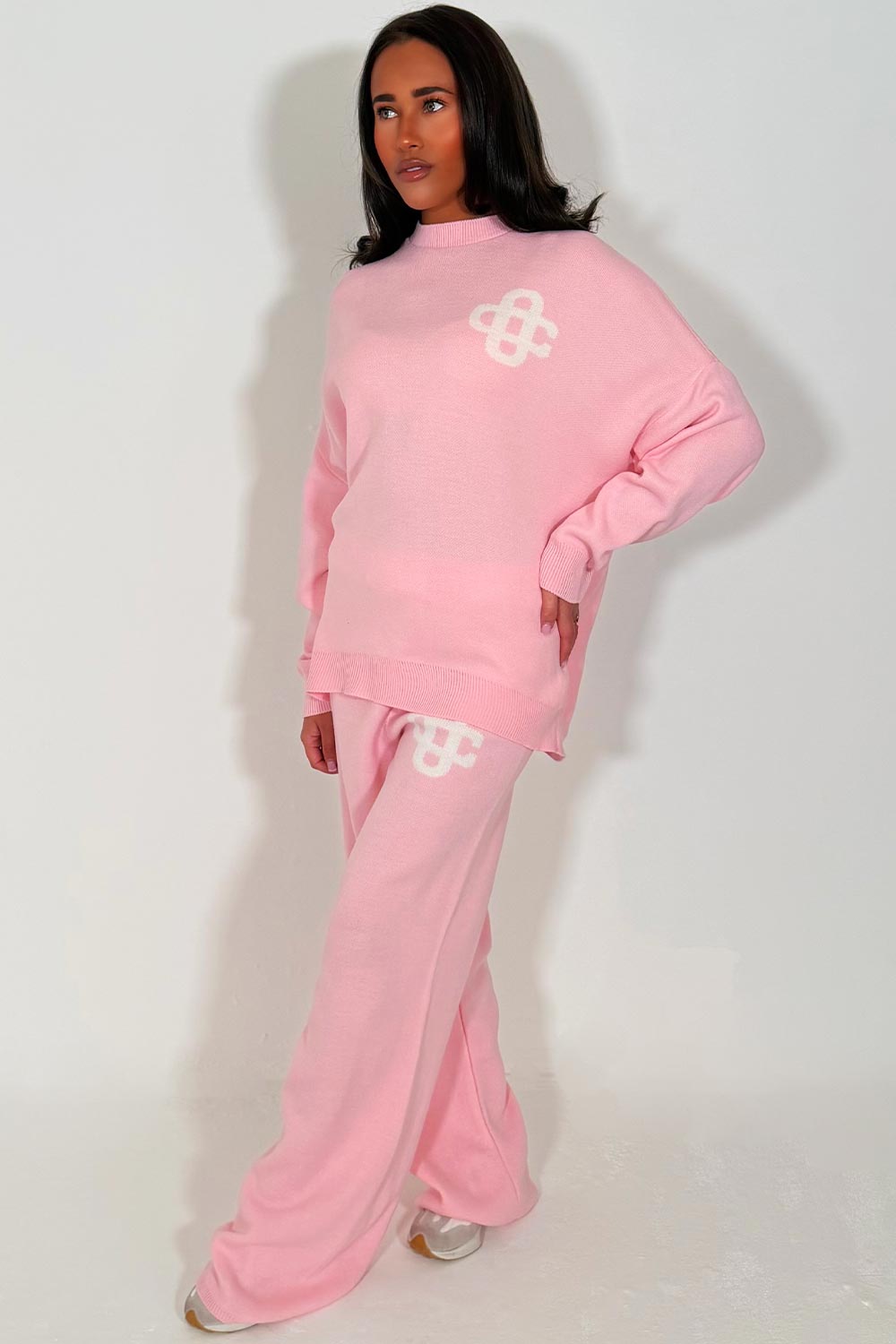 womens knitted loungewear set pink couture club contrast emblem co ord