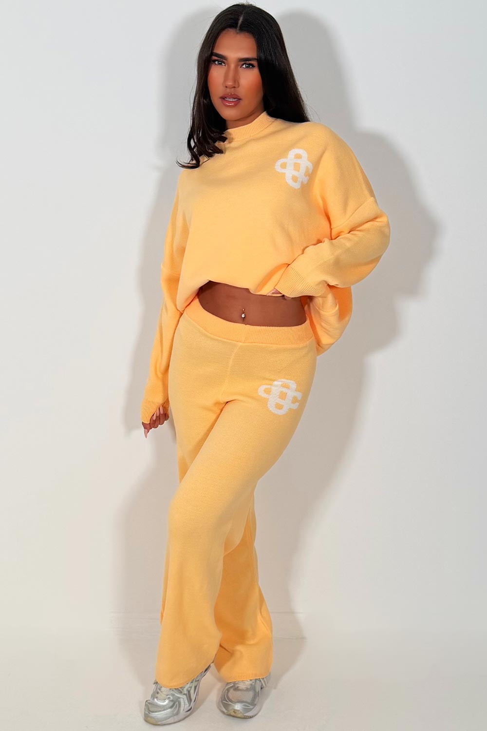 womens knitted loungewear set couture club contrast emblem co ord