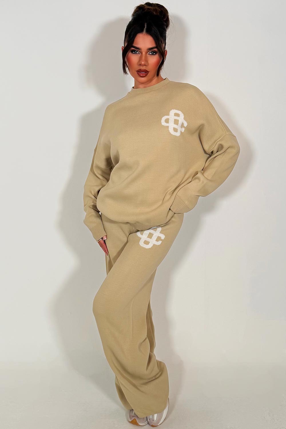 womens knitted sweatshirt jumper and knitted trouser lounge set couture club uk sale