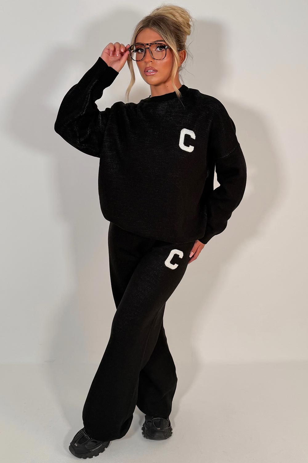knitted sweatshirt and knitted trouser womens lounge set with contrast c slogan couture club uk