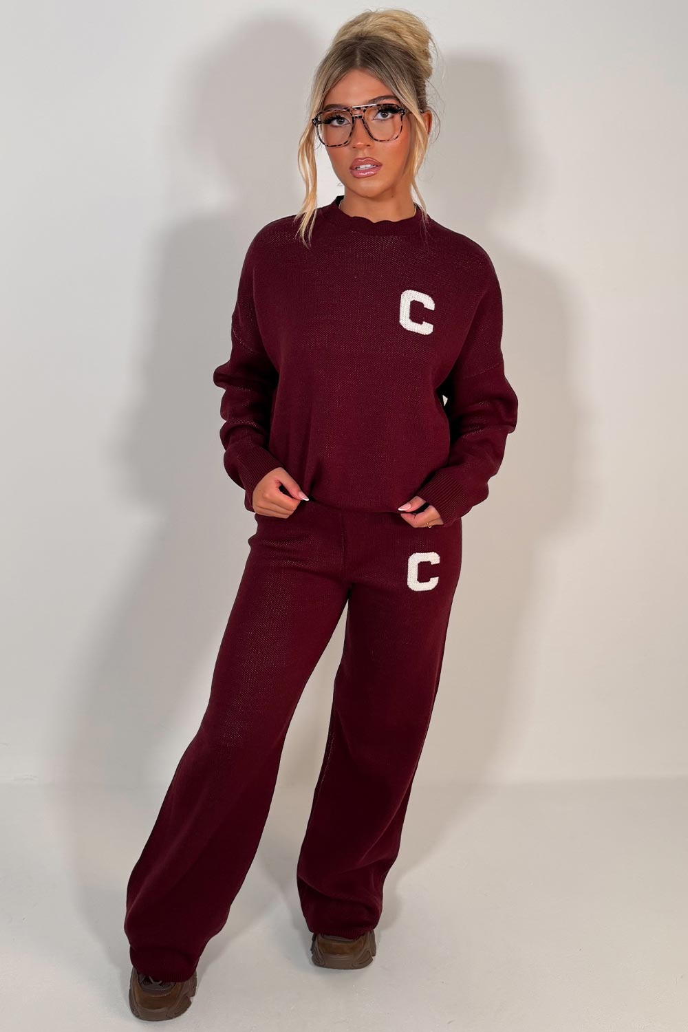 knitted sweatshirt and knitted trouser womens lounge set with contrast c slogan couture club uk