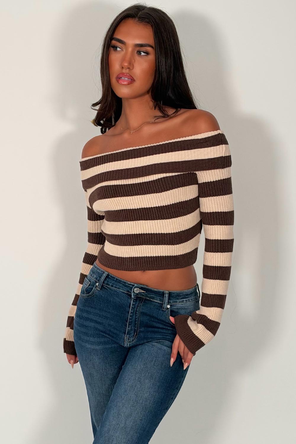 long sleeve crop knitted jumper striped off shoulder neckline womens stradivarius uk