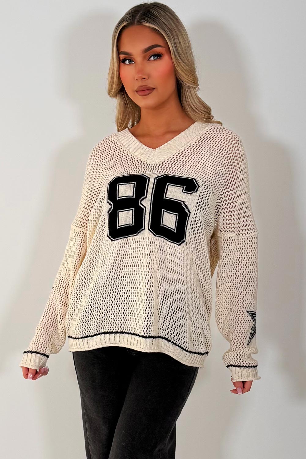womens knitted long sleeve jumper 86 boston slogan in fishnet knit sale