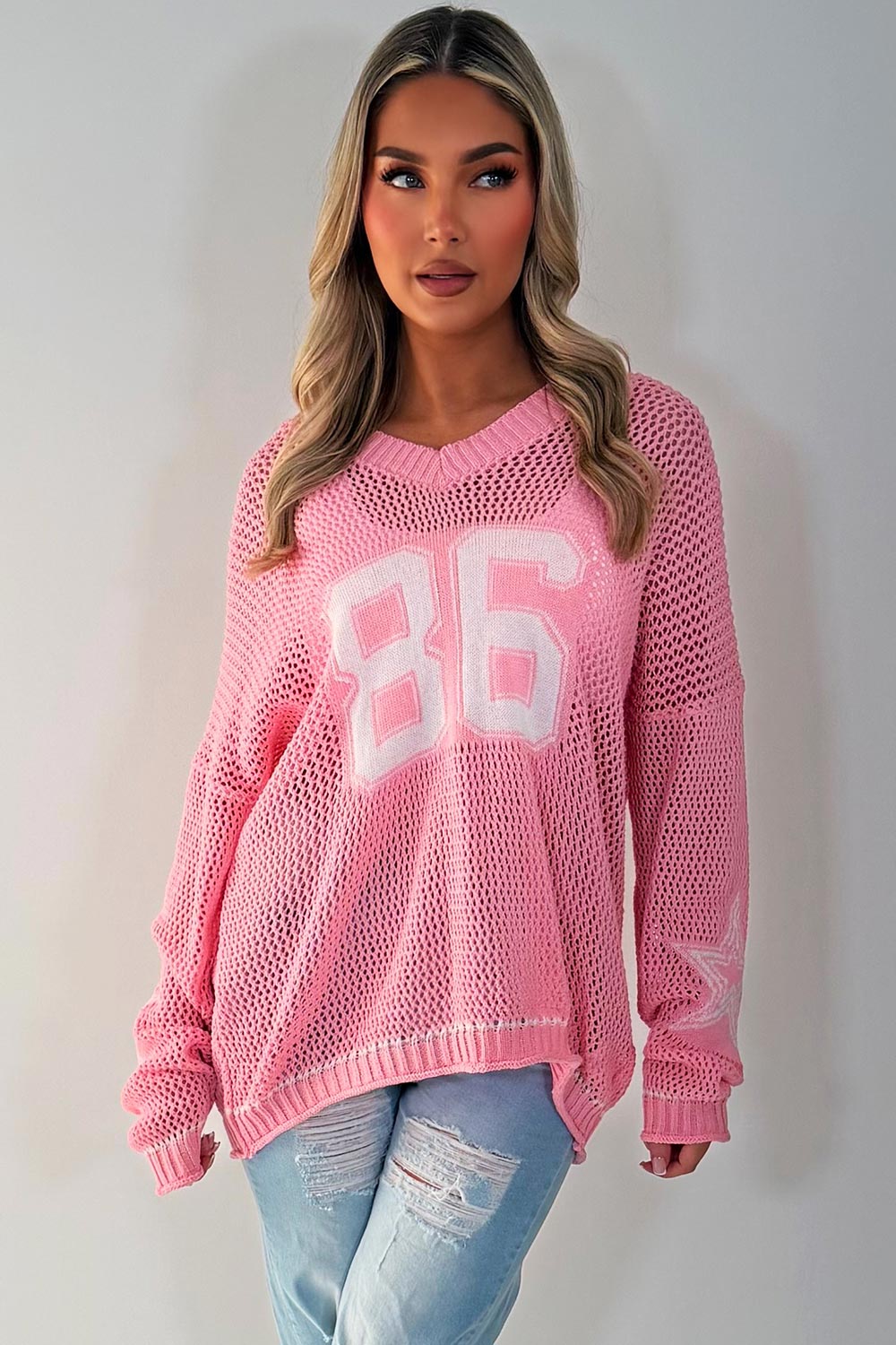 long sleeve knitted jumper with boston slogan pink