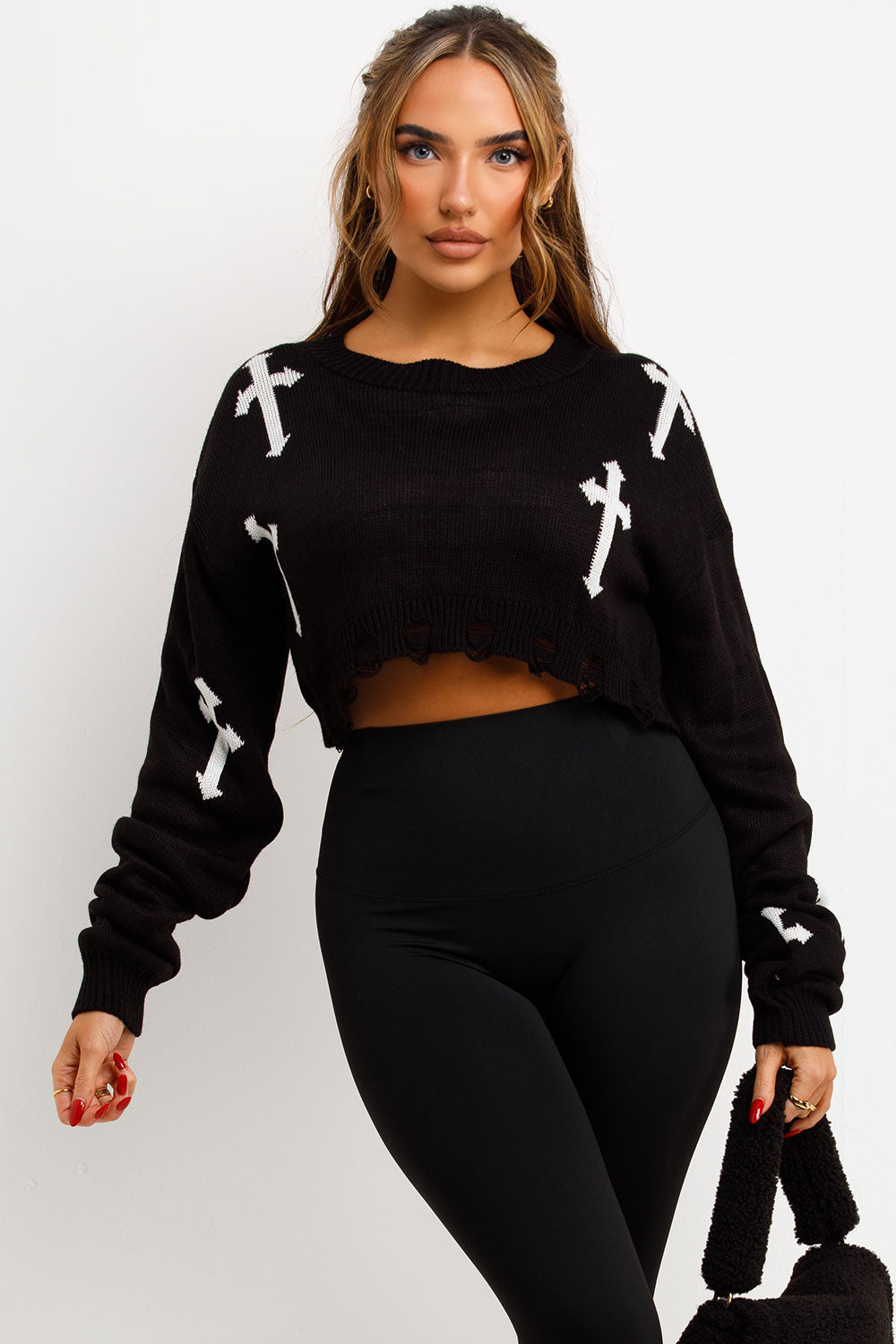 crop knitted jumper with crosses womens knitwear
