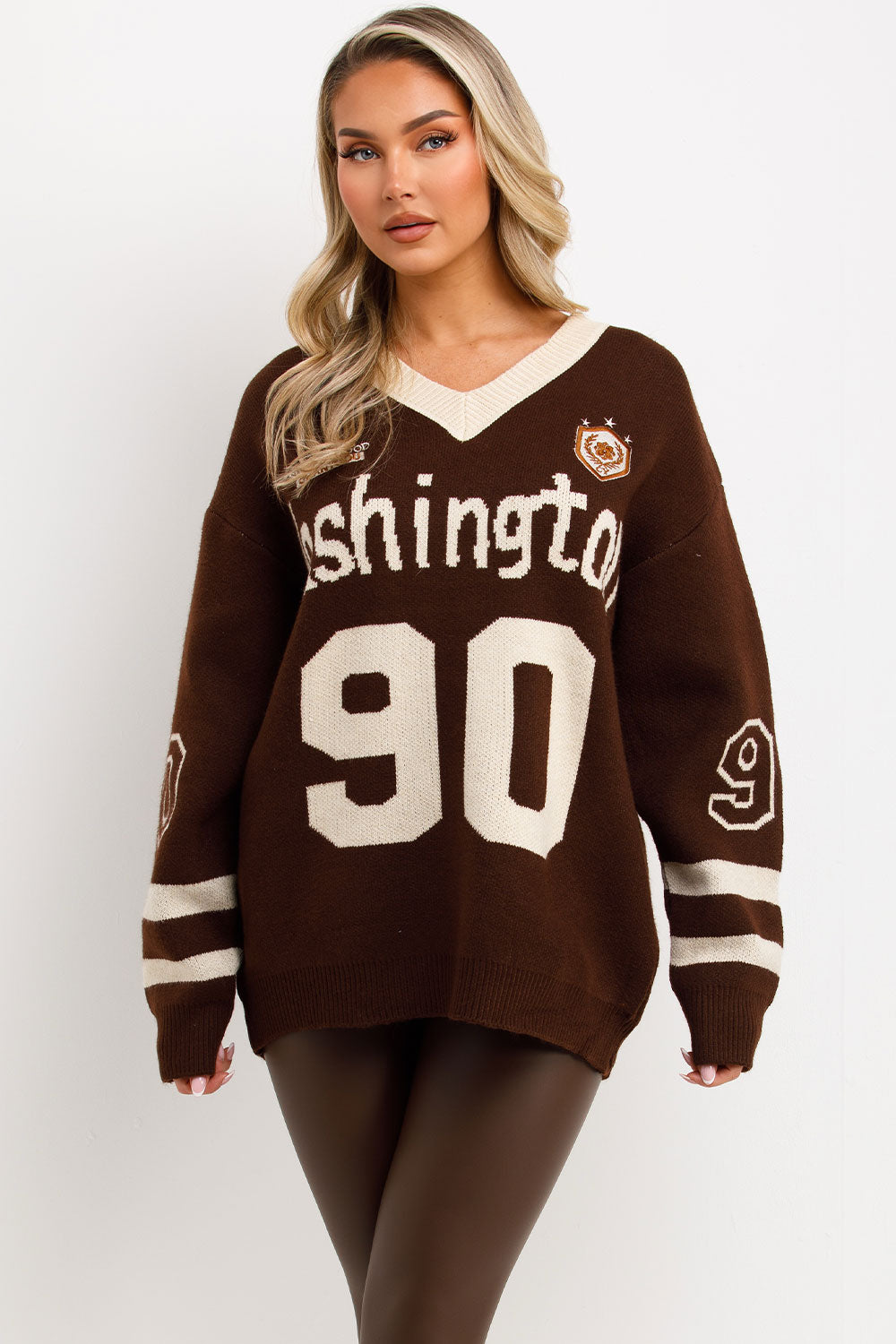 long sleeve knitted jumper with Washington slogan styledup