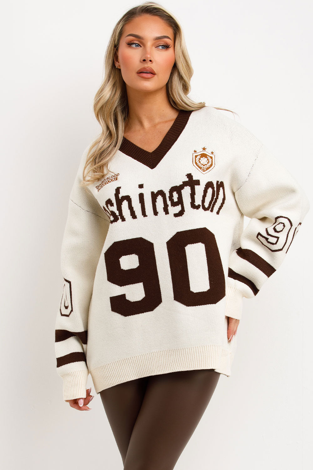 long sleeve knitted jumper with Washington slogan styledup