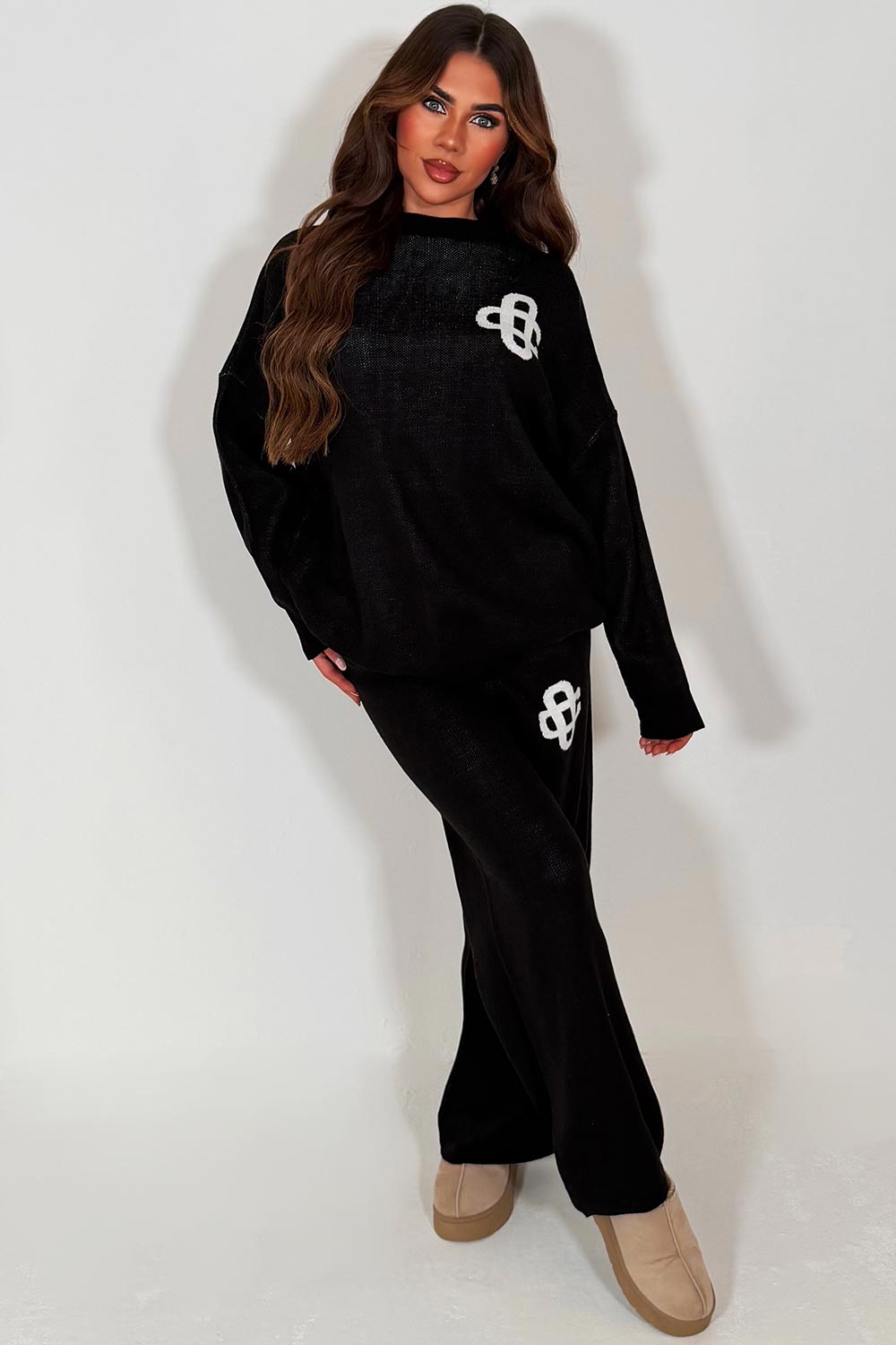womens knitted loungewear set couture club contrast emblem co ord