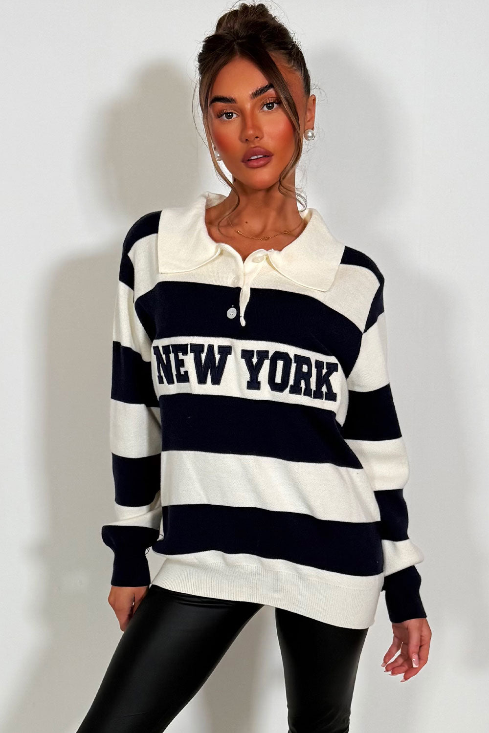 womens stripy jumper with new york slogan collar long sleeves oversized fit styledup