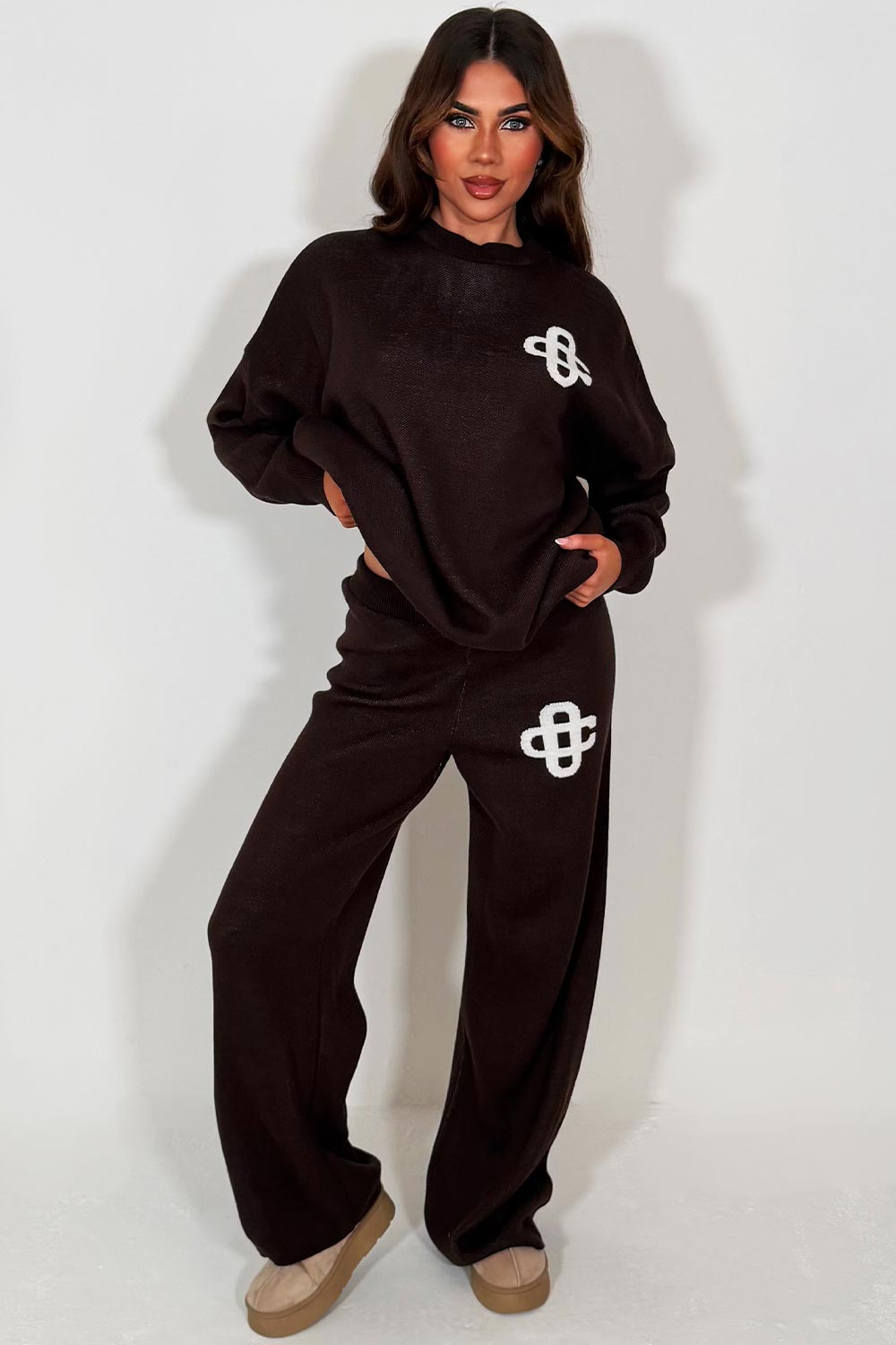 womens knitted sweatshirt jumper and knitted trouser lounge set couture club uk sale