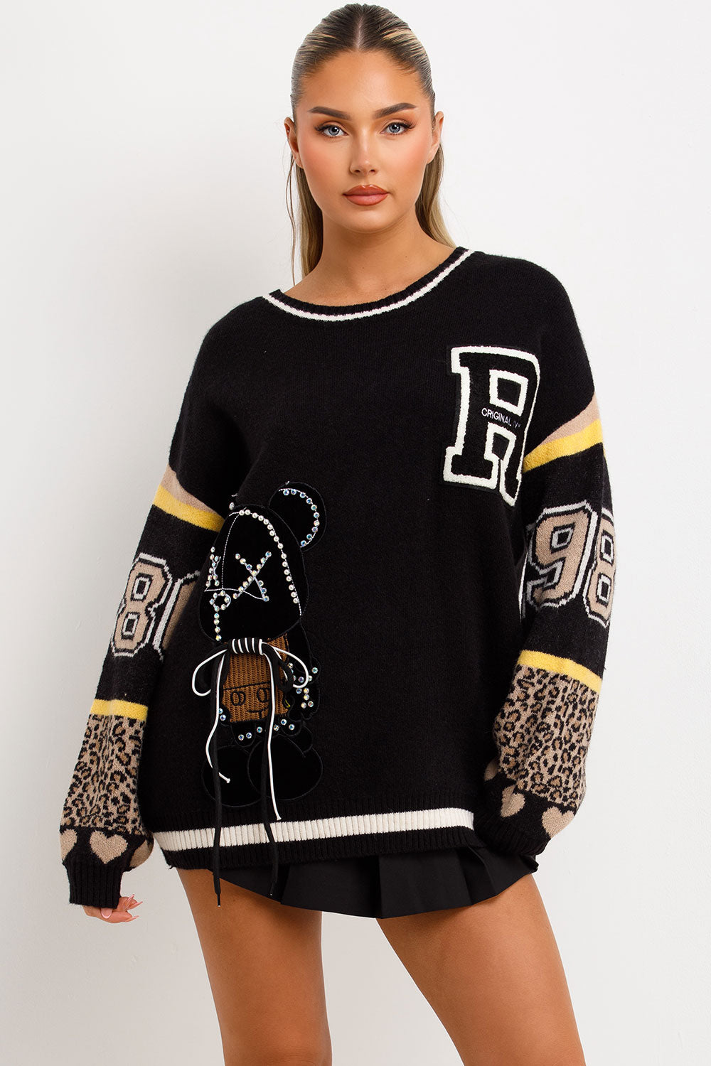 diamante teddy bear detail knitted jumper womens