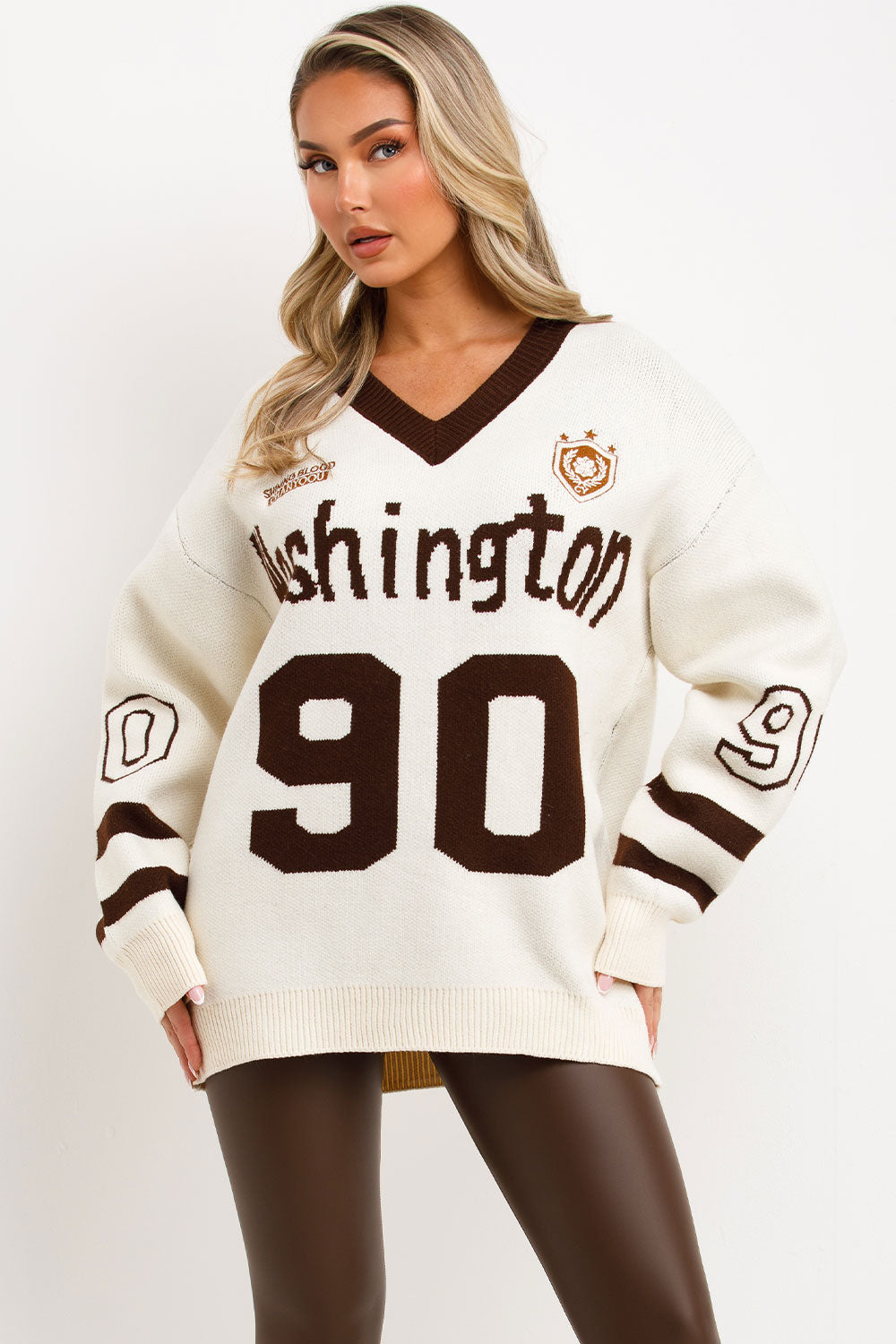 contrast v neck long sleeve knitted jumper with Washington slogan for womens