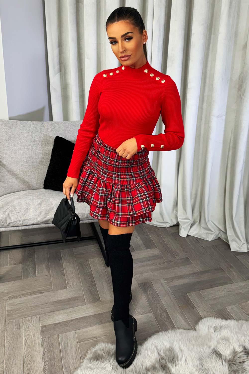 womens ribbed knitted jumper with gold buttons christmas going out new year outfit