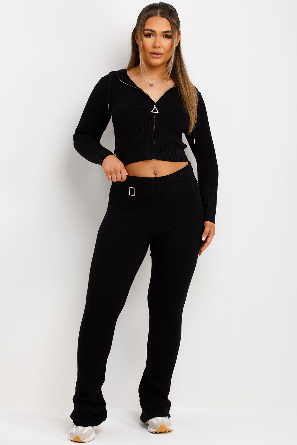 crop zip up hoodie and fold over flare trouser co ord set black