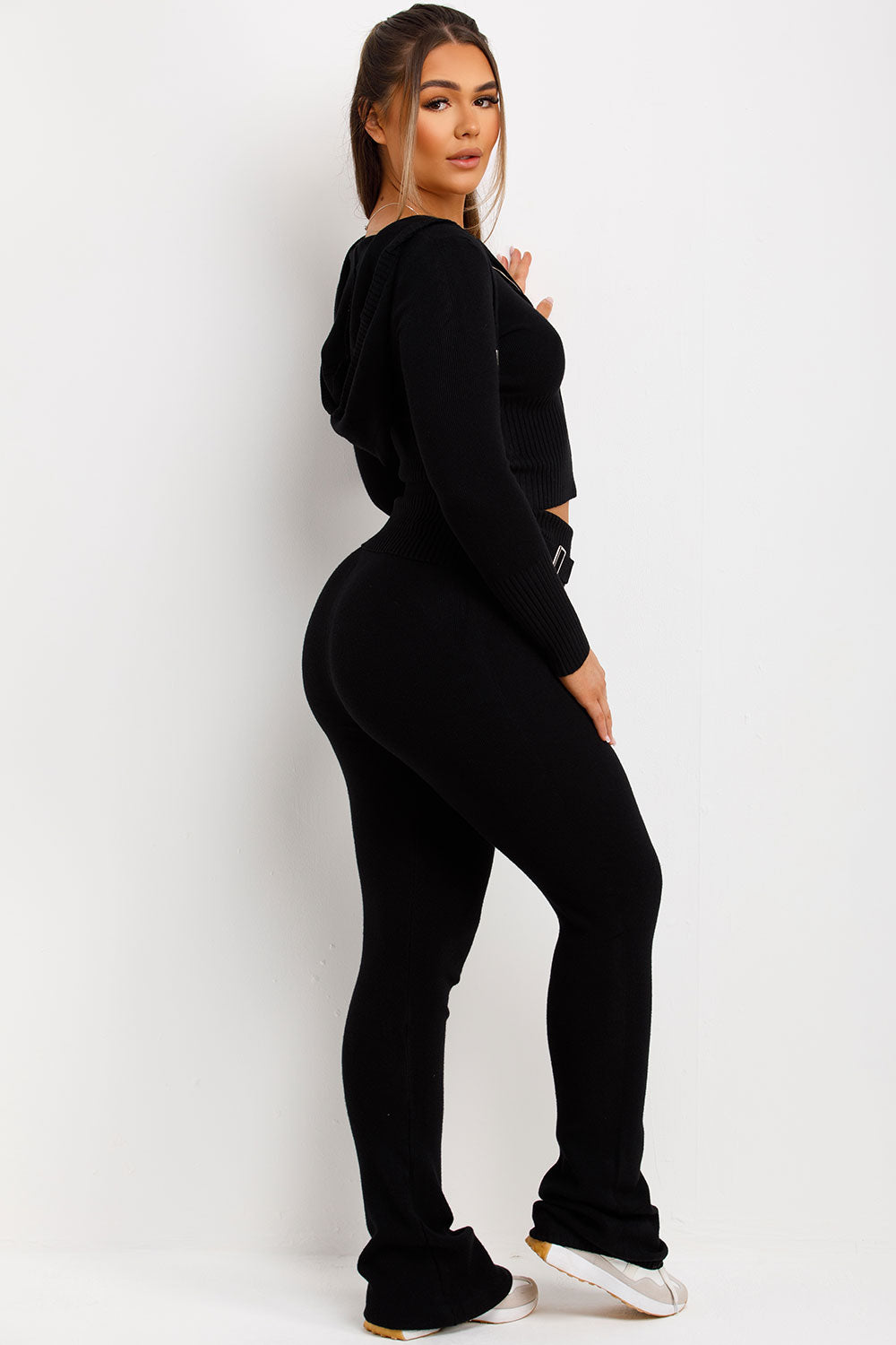 womens loungewear fold over waist buckle detail skinny flare ribbed trouser and crop zip up hoodie co ord tracksuit set