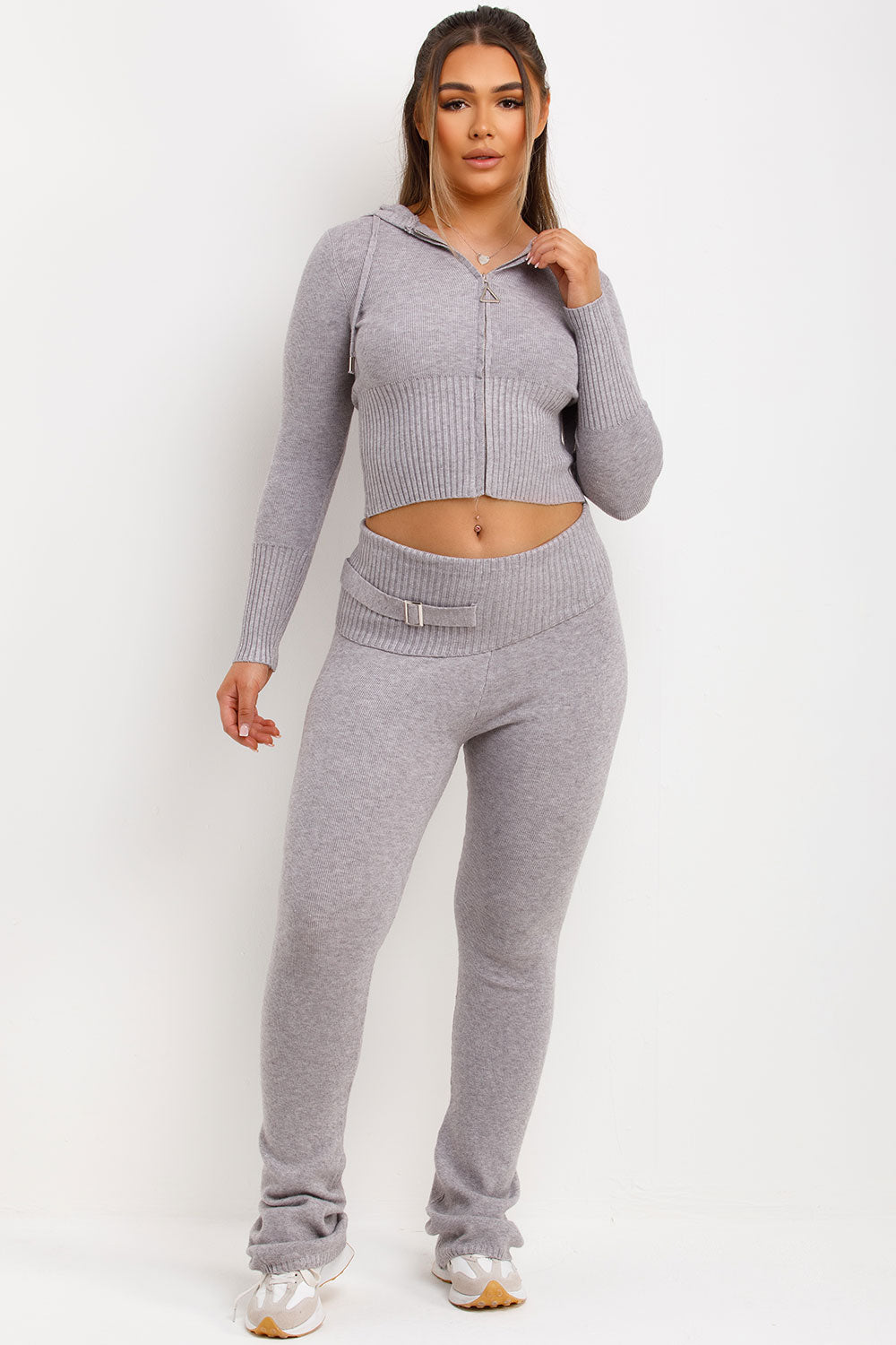 womens fold over waist buckle detail skinny flare trouser and crop zip up hoodie co ord set