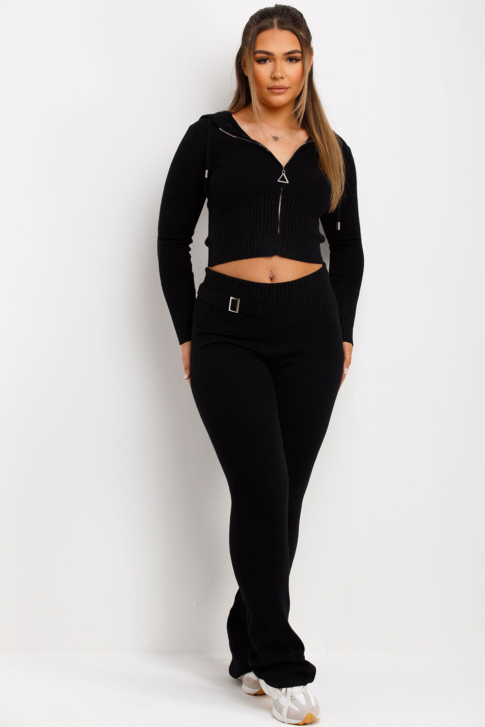 womens ribbed crop zip up hoodie and fold over flare trouser co ord set airport outfit