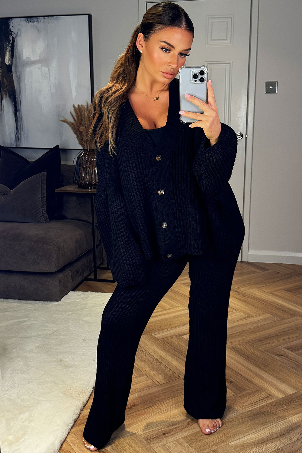 womens knitted cardigan and trousers two piece lounge set styledup