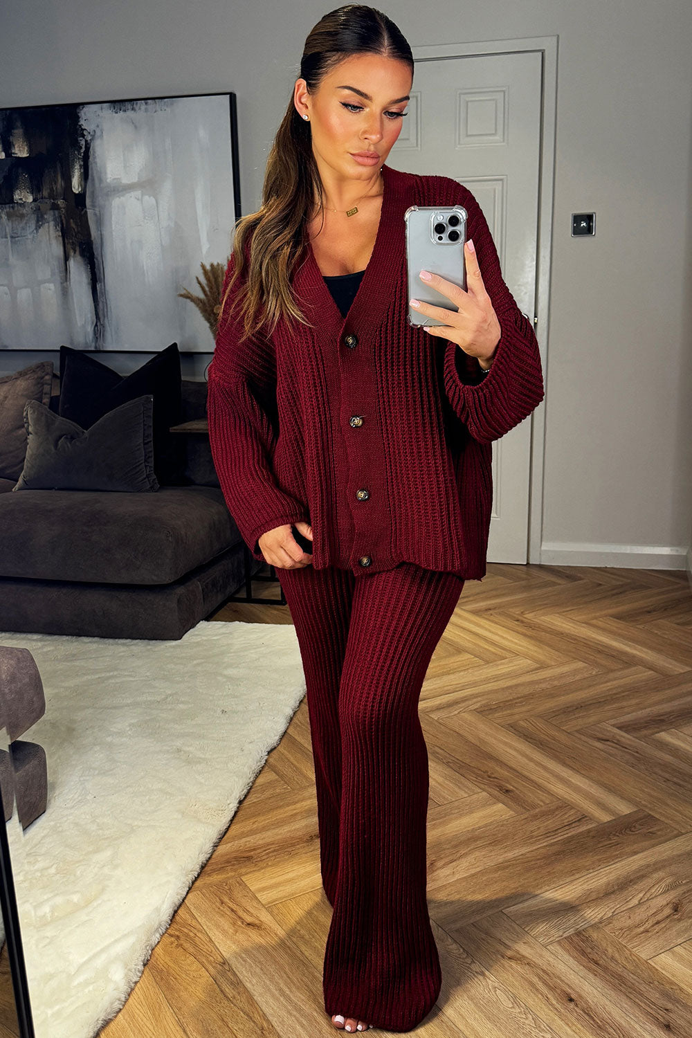 knitted trousers and oversized button front cardigan two piece loungewear set womens knitwear styledup