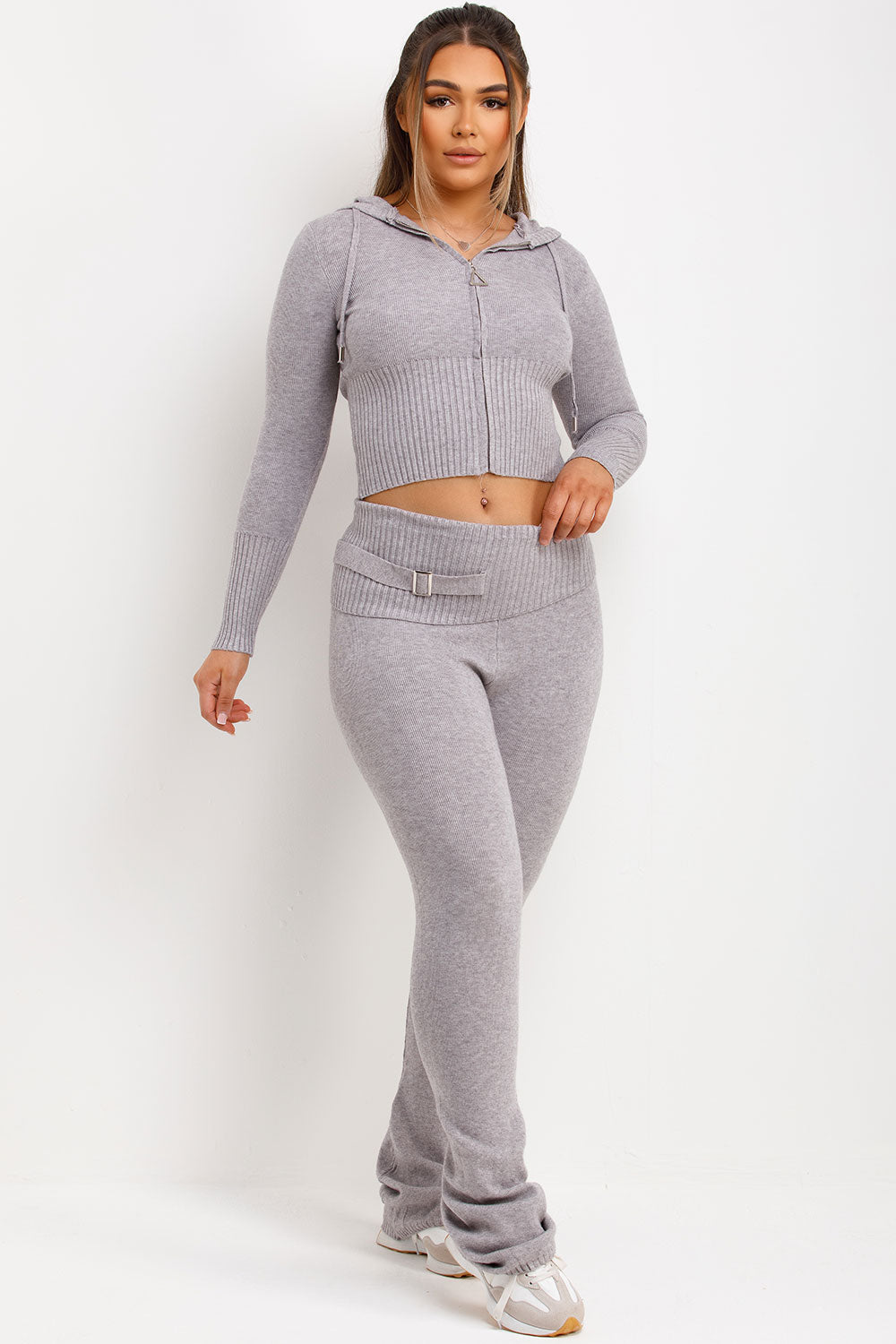 crop zip up hoodie and fold over flare trouser co ord set grey