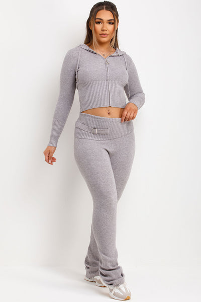 Cropped Zip-Up Jacket and High-Waisted Trousers Two-Piece Set - Gray