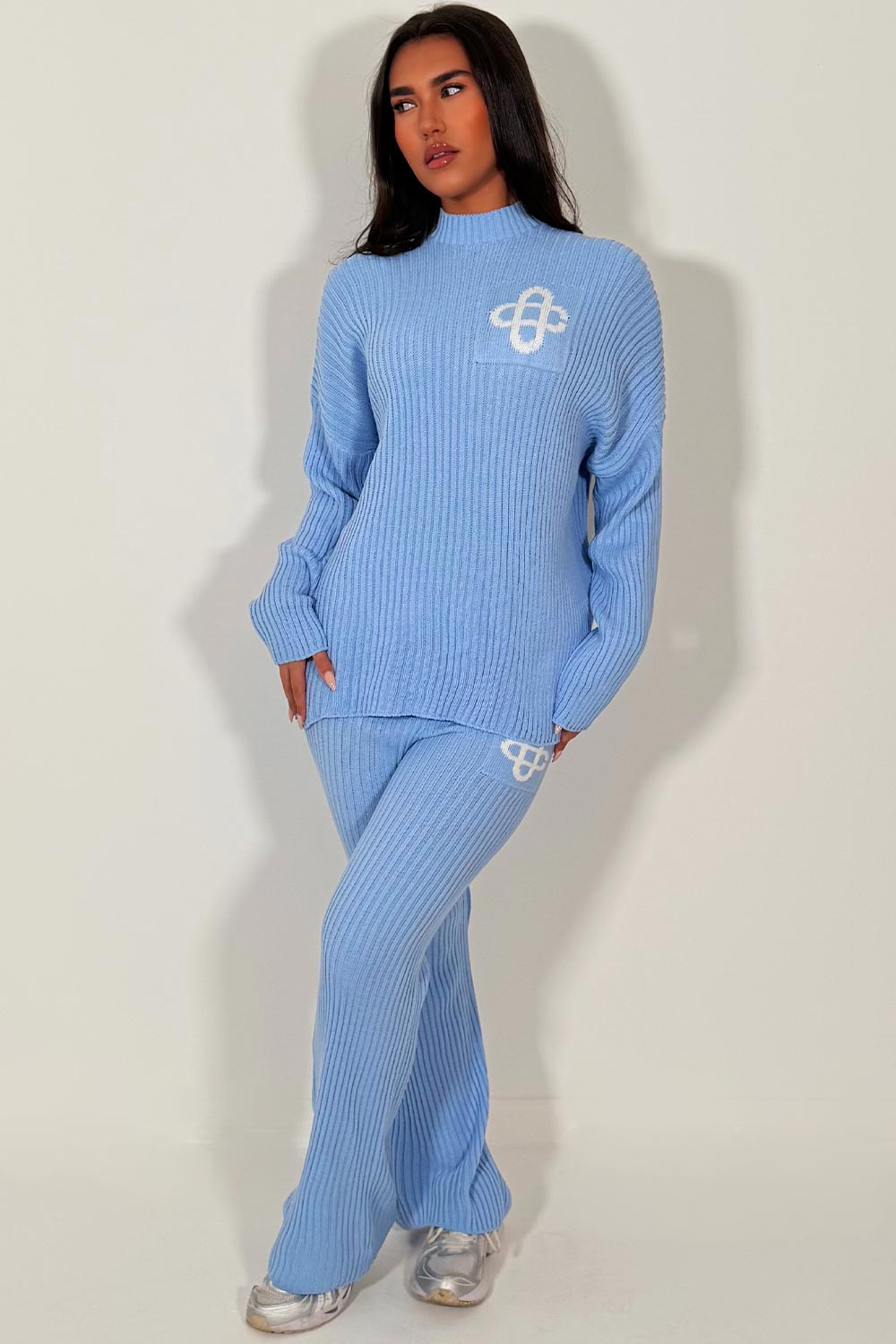 knitted sweatshirt and knitted trouser womens lounge set with contrast emblem couture club uk