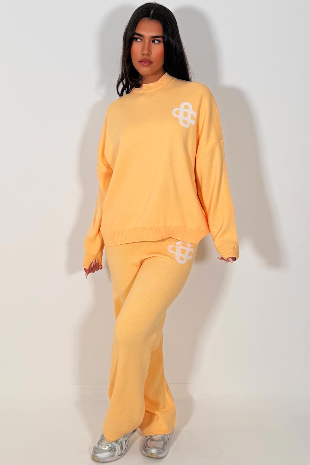 womens knitted loungewear set couture club contrast emblem co ord