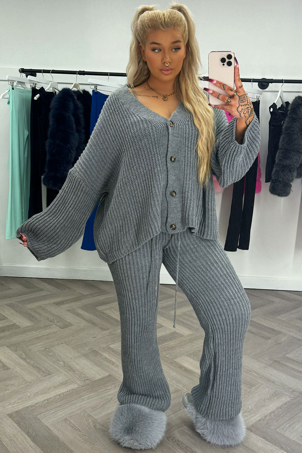 oversized knitted cardigan and wide leg trousers two piece set styledup