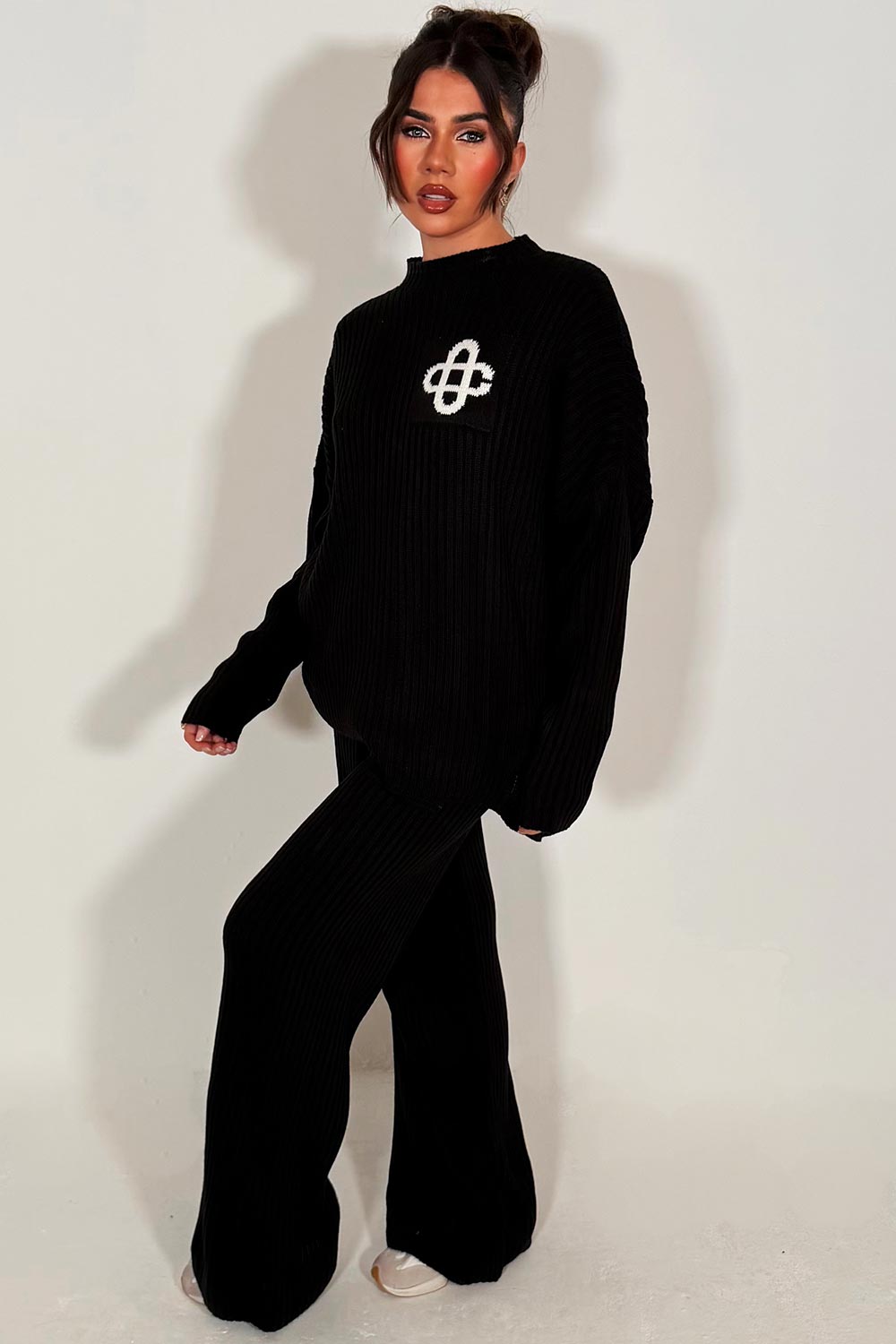 womens rib knitted sweatshirt jumper and knitted trouser lounge set couture club uk sale