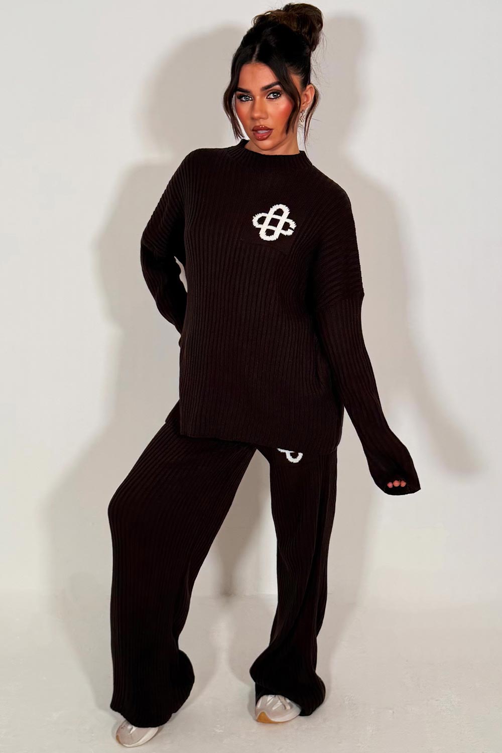 knitted sweatshirt and knitted trouser womens lounge set with contrast emblem couture club uk